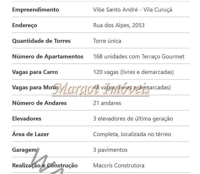 Vibe Santo André|Vila Curuçá 36m 2 Dormitórios Varanda Vaga 1 Ficha tecnica